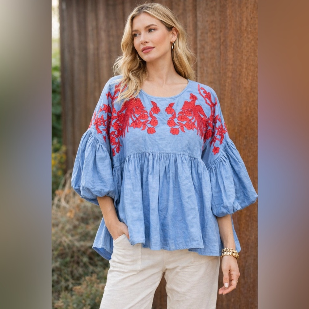 HEMANT & NANDITA Anthropologie Lianna Top, Blue Chambray with Red Embroidery